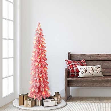 PULEO INTERNATIONAL 4 ft. Pre-Lit Pink Flocked Alpine Pencil Artificial Christmas Tree