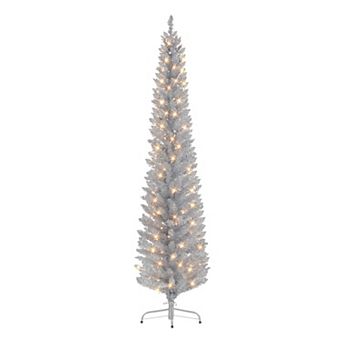 PULEO INTERNATIONAL 6-ft. Pre-Lit Silver Tinsel Pencil Artificial Christmas Tree