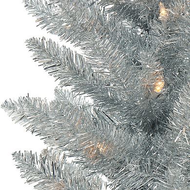 PULEO INTERNATIONAL 6-ft. Pre-Lit Silver Tinsel Pencil Artificial Christmas Tree