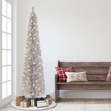 PULEO INTERNATIONAL 6-ft. Pre-Lit Silver Tinsel Pencil Artificial Christmas Tree