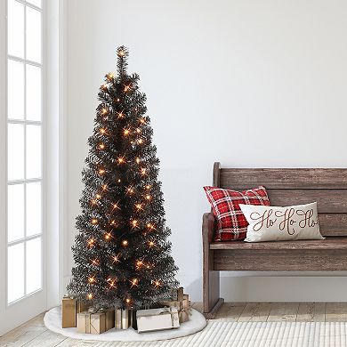 Puleo International 4.5-ft. Pre-Lit Black Tinsel Artificial Christmas Tree
