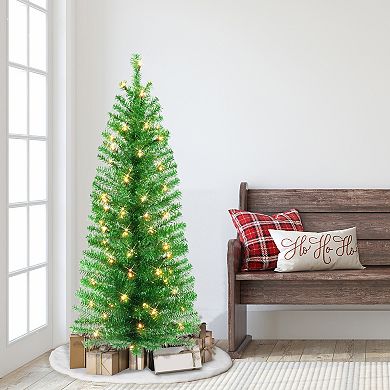 Puleo International 4.5-ft. Pre-Lit Green Tinsel Artificial Christmas Tree