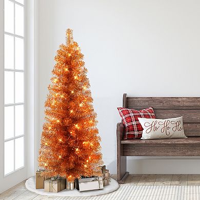 Puleo International 4.5-ft. Pre-Lit Orange Tinsel Artificial Christmas Tree