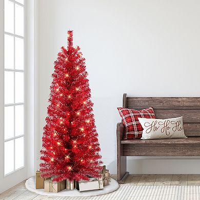 Puleo International 4.5-ft. Pre-Lit Red Tinsel Artificial Christmas Tree