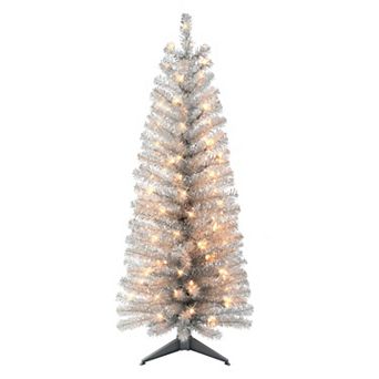 PULEO INTERNATIONAL 4.5-ft. Pre-Lit Silver Tinsel Artificial Christmas Tree