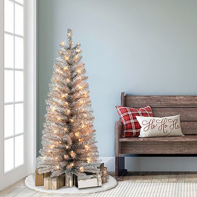 PULEO INTERNATIONAL 4.5-ft. Pre-Lit Silver Tinsel Artificial Christmas Tree
