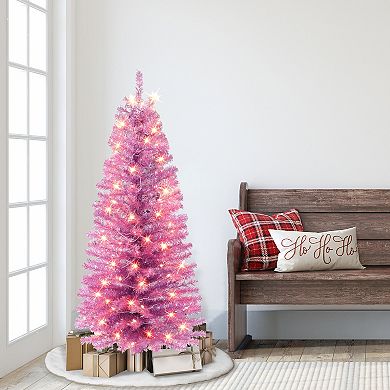 Puleo International 4.5-ft. Pre-Lit Pink Tinsel Artificial Christmas Tree