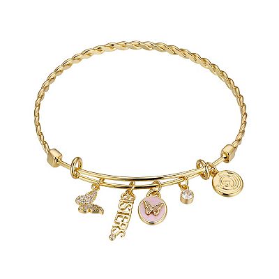 Love This Life 14k Gold Flash Plated Cubic Zirconia Sisters Multi Charm Bangle Bracelet