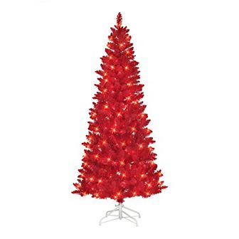 PULEO INTERNATIONAL 6.5-ft. Pre-Lit Flocked Fashion Red Artificial Christmas Tree