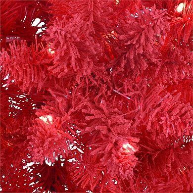 PULEO INTERNATIONAL 6.5-ft. Pre-Lit Flocked Fashion Red Artificial Christmas Tree