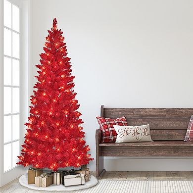 PULEO INTERNATIONAL 6.5-ft. Pre-Lit Flocked Fashion Red Artificial Christmas Tree