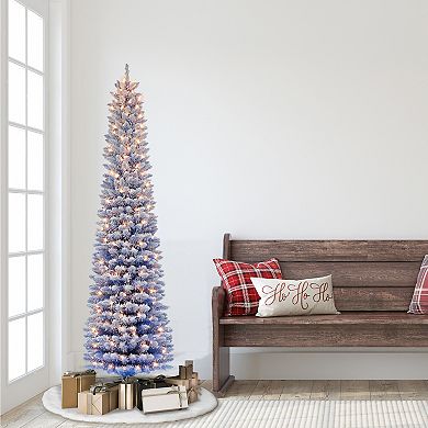 PULEO INTERNATIONAL 6.5-ft. Pre-Lit Flocked Fashion Blue Pencil Artificial Christmas Tree
