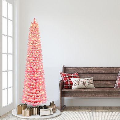 PULEO INTERNATIONAL 6.5-ft. Pre-Lit Flocked Fashion Pink Pencil Artificial Christmas Tree