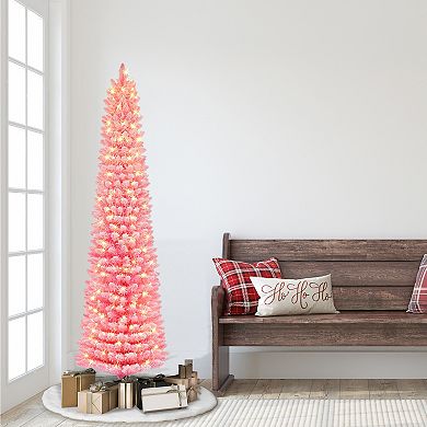 Puleo International 6.5-ft. Pre-Lit Flocked Fashion Pink Pencil Artificial Christmas Tree