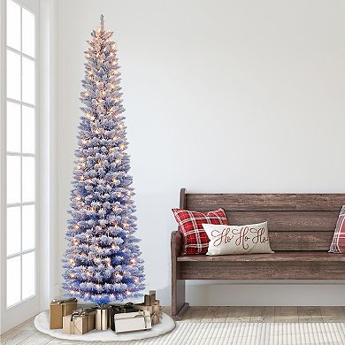 PULEO INTERNATIONAL 7.5-ft. Pre-Lit Flocked Fashion Blue Pencil Artificial Christmas Tree