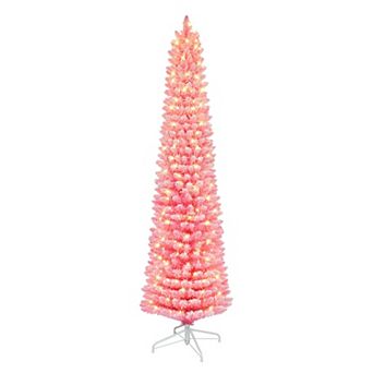PULEO INTERNATIONAL 7.5-ft. Pre-Lit Flocked Fashion Pink Pencil Artificial Christmas Tree