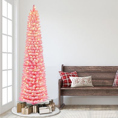 PULEO INTERNATIONAL 7.5-ft. Pre-Lit Flocked Fashion Pink Pencil Artificial Christmas Tree
