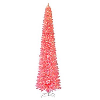 Puleo International 9-ft. Pre-Lit Flocked Fashion Pink Pencil Artificial Christmas Tree