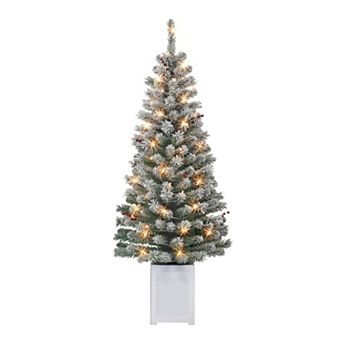 PULEO INTERNATIONAL 5-ft. Pre-Lit Potted Flocked Western Spruce Artificial Christmas Tree 2 pc Set