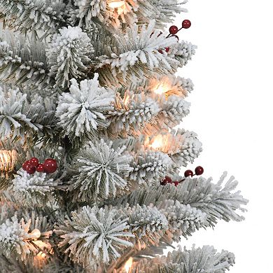 PULEO INTERNATIONAL 5-ft. Pre-Lit Potted Flocked Western Spruce Artificial Christmas Tree 2-piece Set