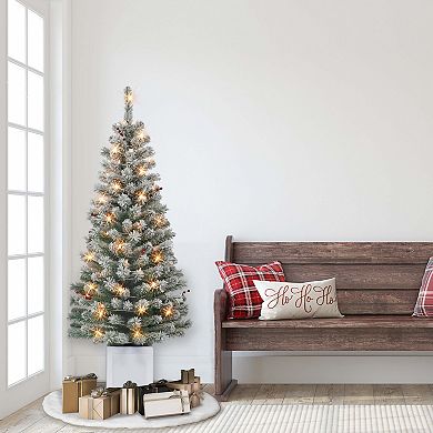 PULEO INTERNATIONAL 5-ft. Pre-Lit Potted Flocked Western Spruce Artificial Christmas Tree 2-piece Set