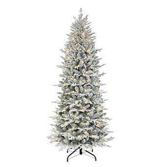 PULEO INTERNATIONAL 7.5-ft. Pre-Lit Slim Flocked Northern Fir Artificial Christmas Tree