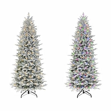 PULEO INTERNATIONAL 7.5-ft. Pre-Lit Slim Flocked Northern Fir Artificial Christmas Tree