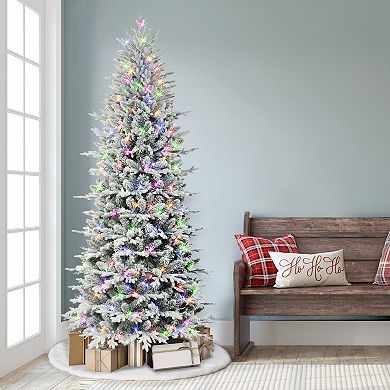 PULEO INTERNATIONAL 7.5-ft. Pre-Lit Slim Flocked Northern Fir Artificial Christmas Tree