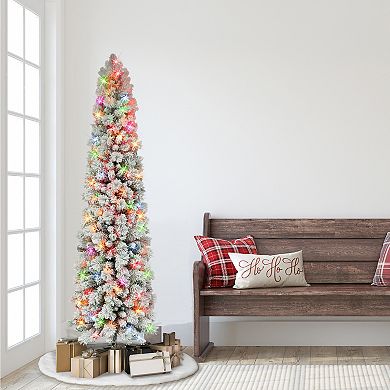 PULEO INTERNATIONAL 6.5-ft. Pre-Lit Flocked Portland Pine Pencil Artificial Christmas Tree