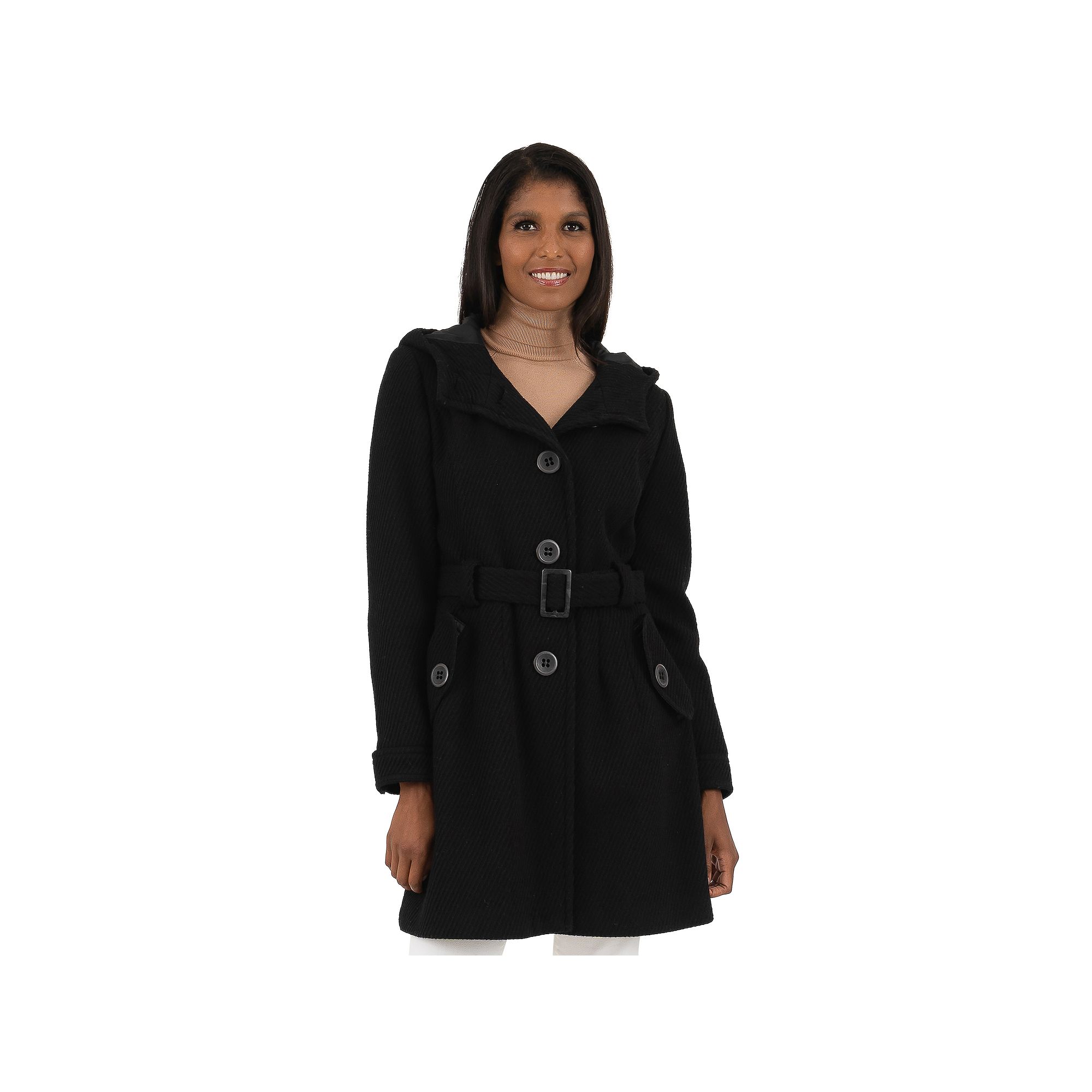 Womens Fleet Street Hooded Textured Wool-Blend Coat, Size: Medium, Black