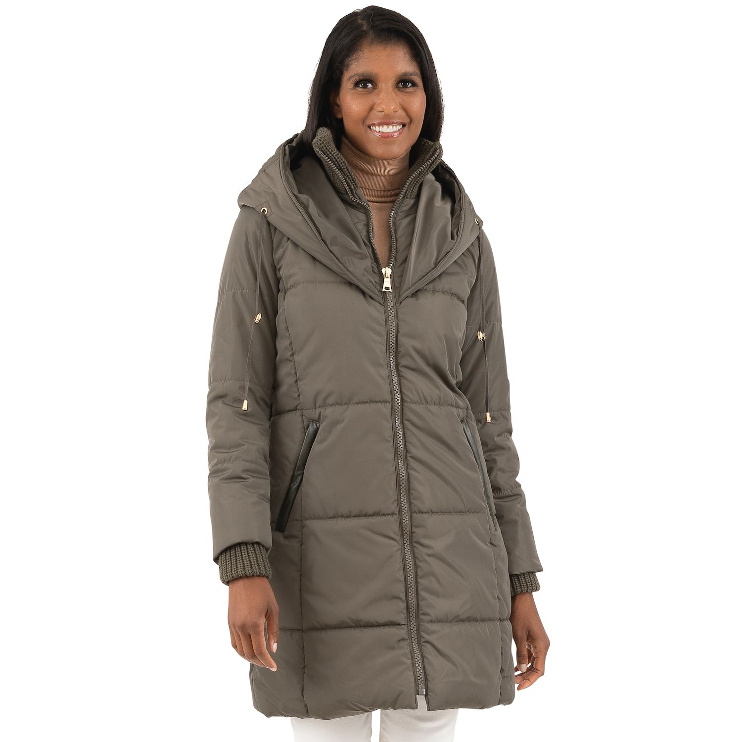 Ladies knee length puffer coat hot sale