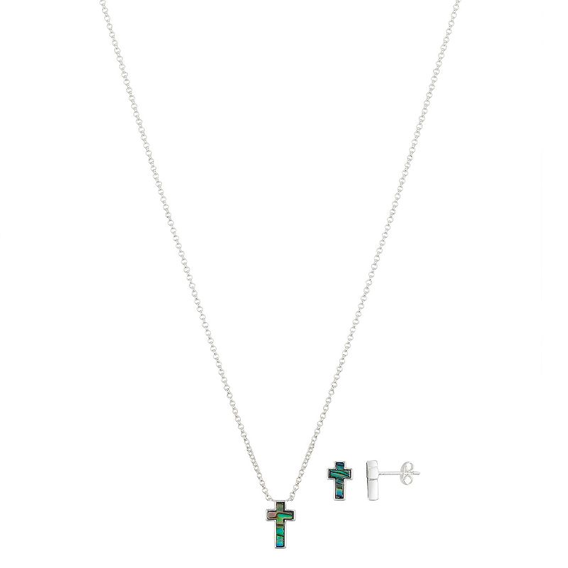 Love This Life Fine Silver Plated Abalone Cross Necklace & Stud Earrings S