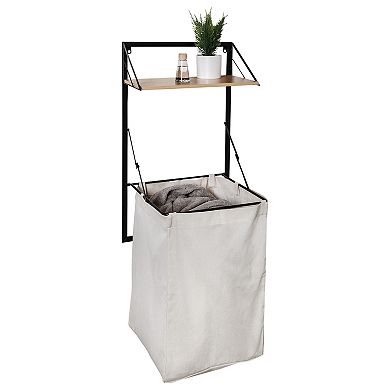 Honey-Can-Do Collapsible Wall-Mounted Clothes Hamper with Canvas Laundry Bag & Wood Shelf