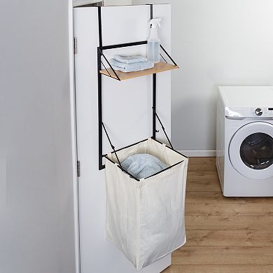 Honey-Can-Do Collapsible Wall-Mounted Clothes Hamper with Canvas Laundry Bag & Wood Shelf