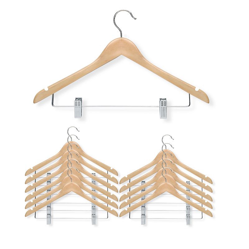 Honey-Can-Do Wooden Maple Clip Suit Hangers 12-Pack Set, Beig/Green
