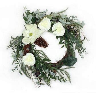 National Tree Company Mixed Greens White Flowers Artificial Wreath