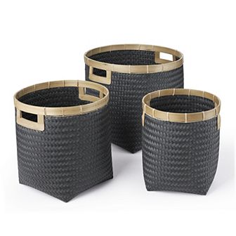 Saddle River Natural Bamboo Rim Round Basket 3 pc Set