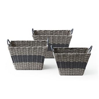 Saddle River Gray Stripe Tapered Faux Wicker Storage Bin 3 pc Set