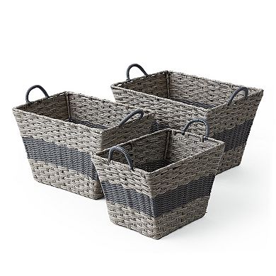 Saddle River Gray Stripe Tapered Faux Wicker Storage Bin 3-piece Set