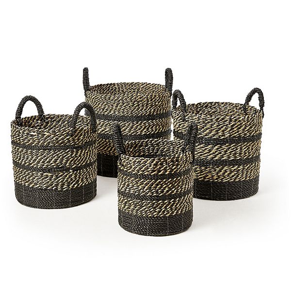 Saddle River Black Seagrass And Raffia Basket 4 Piece Set