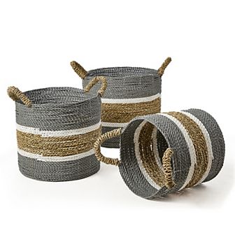 Saddle River Gray Seagrass & Raffia Basket 3 pc Set