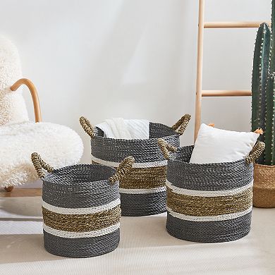 Saddle River Gray Seagrass & Raffia Basket 3-piece Set