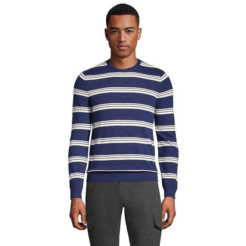 Mens Lands End Fine Gauge Cashmere Striped Sweater, Size: Medium, Dark Bl