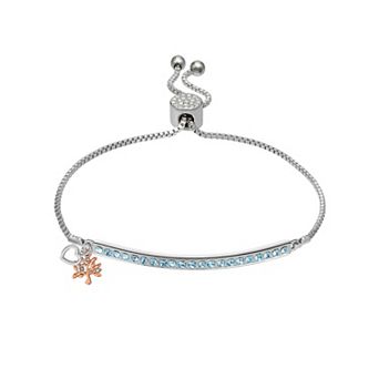 Brilliance Two Tone Fine Aqua Crystal Open Heart & Family Tree Charm Adjustable Bracelet