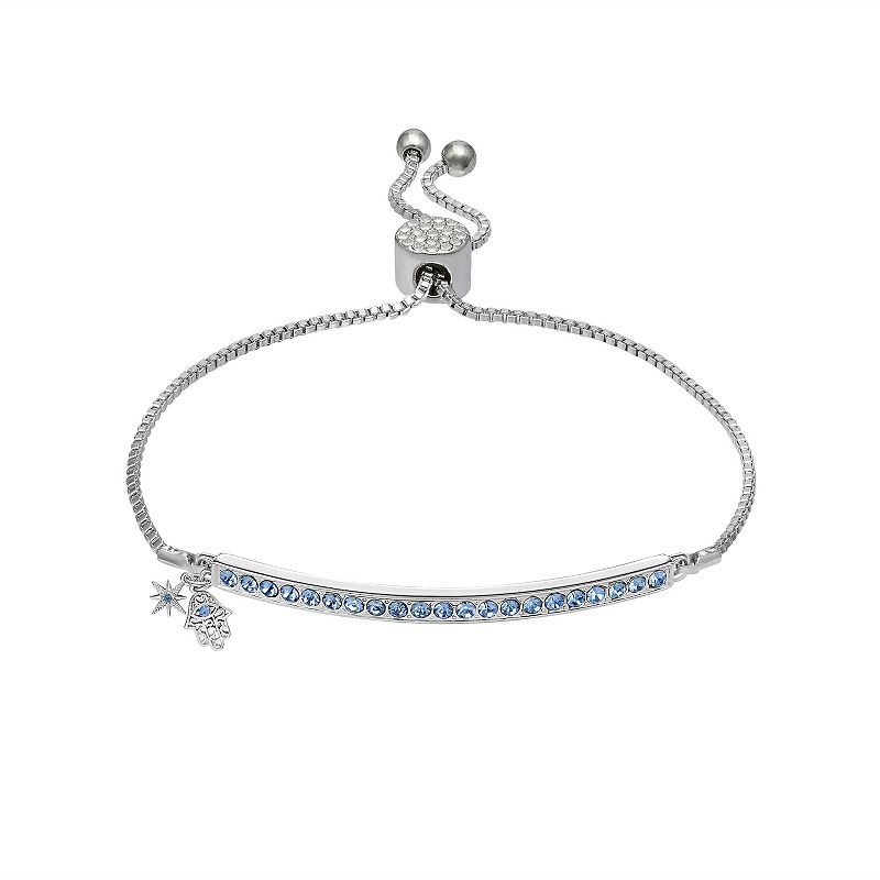 Brilliance Fine Silver Plated Blue Crystal Starburst & Hamsa Charm Adjusta