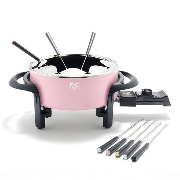 GreenLife 3 qt. Pink Ceramic Non-Stick Multi-Use Fondue Pot Set with 8-Fondue Forks