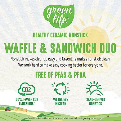 GreenLife PFAS-Free Nonstick Ceramic Waffle Sandwich Maker, Toaster, & Panini Press