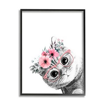 Stupell Home Decor Flower Crown Cat Glasses Framed Wall Art