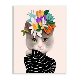 Stupell Home Decor Floral Gray Cat Striped Plaque Wall Art
