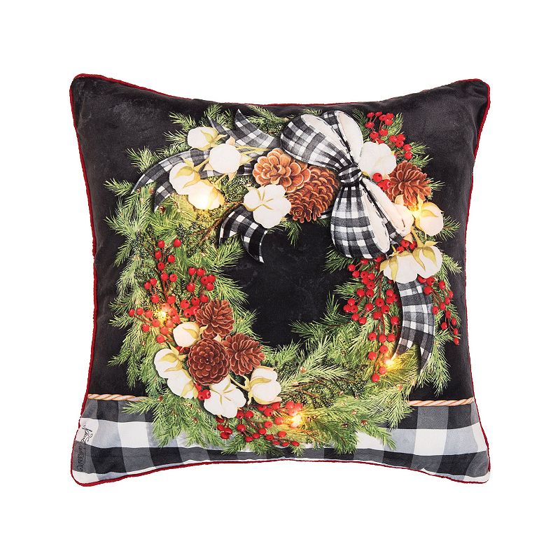C&F Home Gingham Wreath LED Christmas Throw Pillow, Red, 18X18